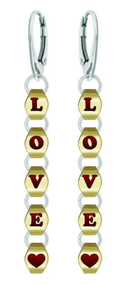 Boucles d'oreilles en or et acier "LOVE"Referencia: PE3253Boucles d'oreilles avec un cœur et le mot LOVE sculptés et émaillés en or 9kt et liens en acier.Medida: 6x8mm.