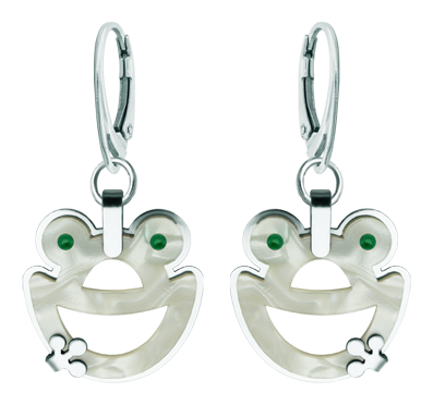 Pendientes de Ranas en acero y nacar (Blanco)Referencia: PE3295Pendientes fabricados en acero pulido suave al tacto y celulosa de nacar.Medida: 22x25mm.