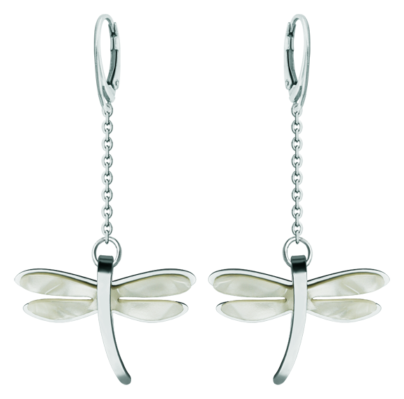 Pendientes de Libélulas de los Arribes de acero y nacar (Blanco)Referencia: PE3301Pendientes fabricados en acero pulido suave al tacto y celulosa de nacar.Joaquín Prior ha diseñado estos pendientes inspirándose en las libélulas autóctonas del parque natural de los Arribes de Duero en Salamanca.Medida: 34x26mm.