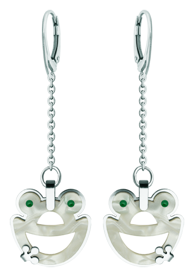 Pendientes de Ranas en acero y nacar (Blanco)Referencia: PE3302Pendientes fabricados en acero pulido suave al tacto y celulosa de nacar.Medida: 22x25mm.