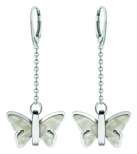 Art Deco Schmetterlingsohrringe aus Stahl und Perlmutt (Weiß)Ref. Code: PE3303Ohrringe aus glatt poliertem Edelstahl und Perlmutt-Zellulose.Museumsstücke, die von den repräsentativsten Werken des Jugendstils, des Art déco und des Modernismus des späten 19. und frühen 20. Jahrhunderts inspiriert sind.Gr&ouml;&szlig;e: 26x18mm.