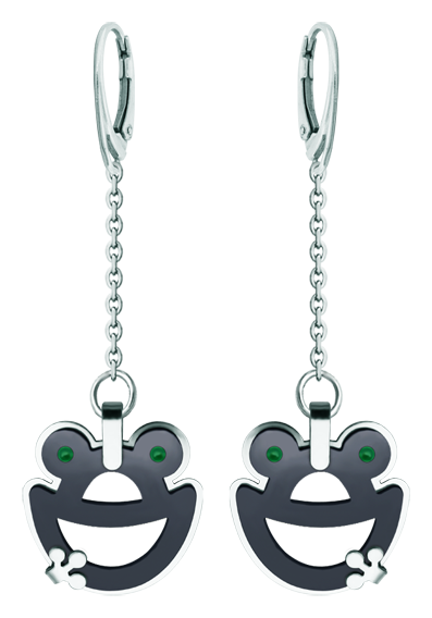 Frog earrings in ruthenium and steelRef. code: PE3335Earrings made of polished steel smooth to the touch and plated in ruthenium.Size: 22x26mm.
