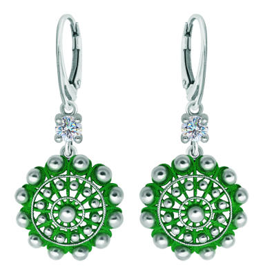 Charro Button Enameled silver earrings with moissanite (Green)Ref. code: PE3357Earrings made of baked enameled sterling silver with a 5mm brilliant cut moissanite.Moissanite is a precious gemstone created in a laboratory that has earned a special place in jewelry for its beauty and unique qualities, it dazzles for its brilliance superior to diamond and its great resistance (9.25 on the Mohs scale).Originally discovered in a meteorite at the end of the 19th century, this 