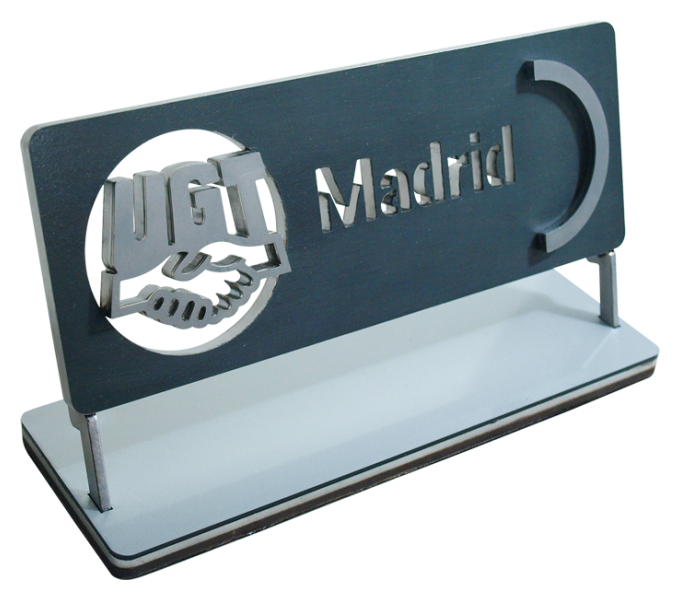 "UGT Logo" Commemorative Steel Plaque
Ref. code: PL0193
Plate made of solid steel, wood, and polymers.
Possibility of engraving a commemorative text.
We create different trophies, awards or commemorative plaques, personalized with any anagram, shield or logo.
Size: 200x75mm. "UGT Logo" Commemorative Steel Plaque
Ref. code: PL0193
Plate made of solid steel, wood, and polymers.
Possibility of engraving a commemorative text.
We create different trophies, awards or commemorative plaques, personalized with any anagram, shield or logo.
Size: 200x75mm.