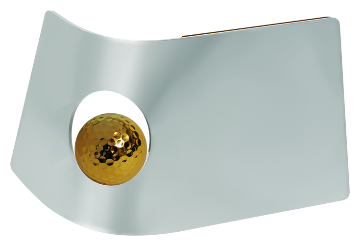 Steel sports trophy "Golf Ball"Ref. code: PL0217Sports award made of solid steel with gold plated golf ball.Possibility of engraving a commemorative text.We create different trophies, awards or commemorative plaques, personalized with any anagram, shield or logo.Size: 200x120mm.