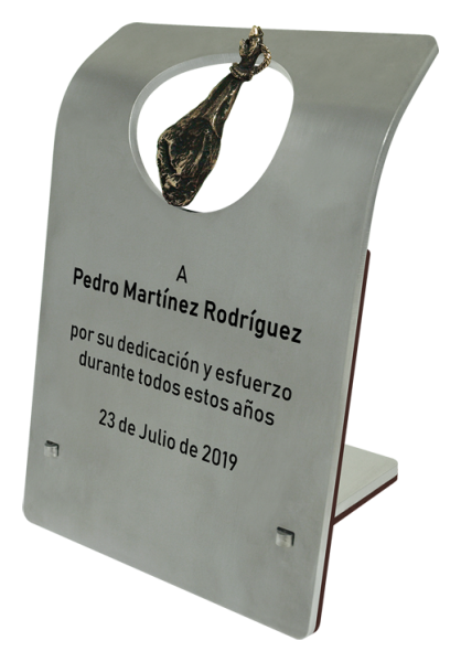 Premio especial de acero y bronce "Jamón"Referencia: PL0219Trofeo fabricado en acero macizo con Jamón de bronce pulido.Posibilidad de grabar un texto conmemorativo.Creamos trofeos, premios o placas conmemorativas diferentes, personalizados con cualquier anagrama, escudo o logotipo.Medida: 130x205mm.