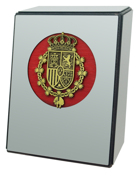 Institutionelle Trophäe aus Stahl und Massivholz "Escudo de España"Ref. Code: PL0388Gedenktrophäe aus Massivholz und Stahl, mit spanischem Wappen in antikem Goldeffekt.Exklusives Stück mit einzigartigem Design mit freitragender Neigung.Möglichkeit der Gravur eines Gedenktextes.Wir stellen verschiedene Trophäen, Auszeichnungen oder Gedenktafeln her, die mit einem beliebigen Anagramm, Wappen oder Logo personalisiert werden.Maße: 14x18x6cm.Gr&ouml;&szlig;e: 140x180mm.