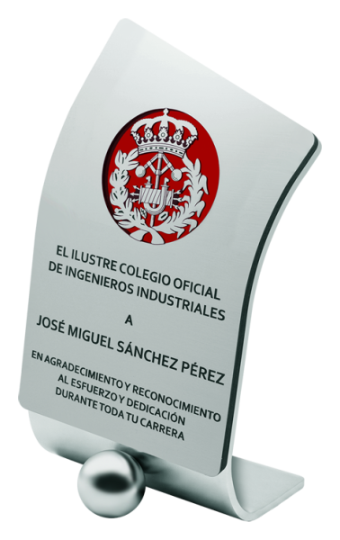 Personalized steel trophy "Industrial Engineers"Ref. code: PL0450Trophy designed and manufactured exclusively by Joaquín Prior in solid steel.Possibility of engraving a commemorative text.We create different trophies, awards or commemorative plaques, personalized with any anagram, shield or logo.Size: 120x280mm.