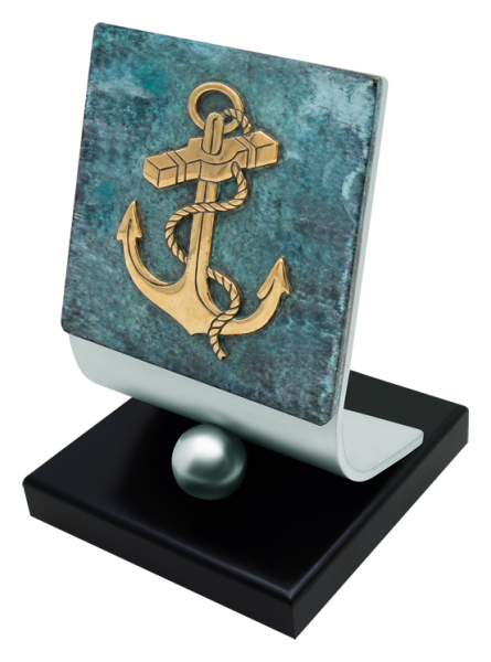 Spanish Navy Bronze and Steel TrophyRef. code: PL0456Trophy designed and manufactured exclusively by Joaquín Prior in solid steel, personalized with the coat of arms of the Spanish navy in aged bronze and on a wooden base.Possibility of engraving a commemorative text.We create different trophies, awards or commemorative plaques, personalized with any anagram, shield or logo.Size: 140x140mm.