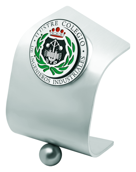 Trofeo de Ingenieros Industriales en aceroReferencia: PL0464Trofeo diseñado y fabricado en exclusiva por Joaquín Prior en acero macizo, personalizado con el escudo de ingenieros industriales esmaltado a mano.Posibilidad de grabar un texto conmemorativo.Creamos trofeos, premios o placas conmemorativas diferentes, personalizados con cualquier anagrama, escudo o logotipo.Medida: 120x180mm.