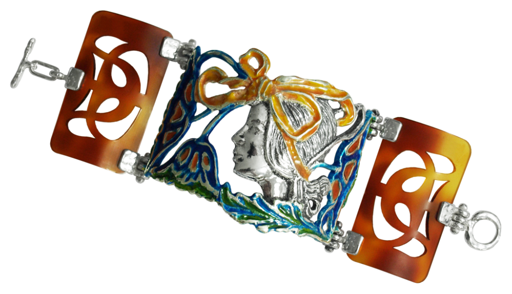 Bracelet Art Nouveau en argent et écaille "Femme avec fleurs et nœuds"Referencia: PU0234Bracelet Art Nouveau en écaille de tortue et argent.Fleurs émaillées bleu, jaune et ambre.Pièces de musée inspirées des œuvres les plus représentatives des mouvements Art nouveau et Art déco, et du modernisme de la fin du XIXe siècle et du début du XXe siècle.Medida: 170x53mm.