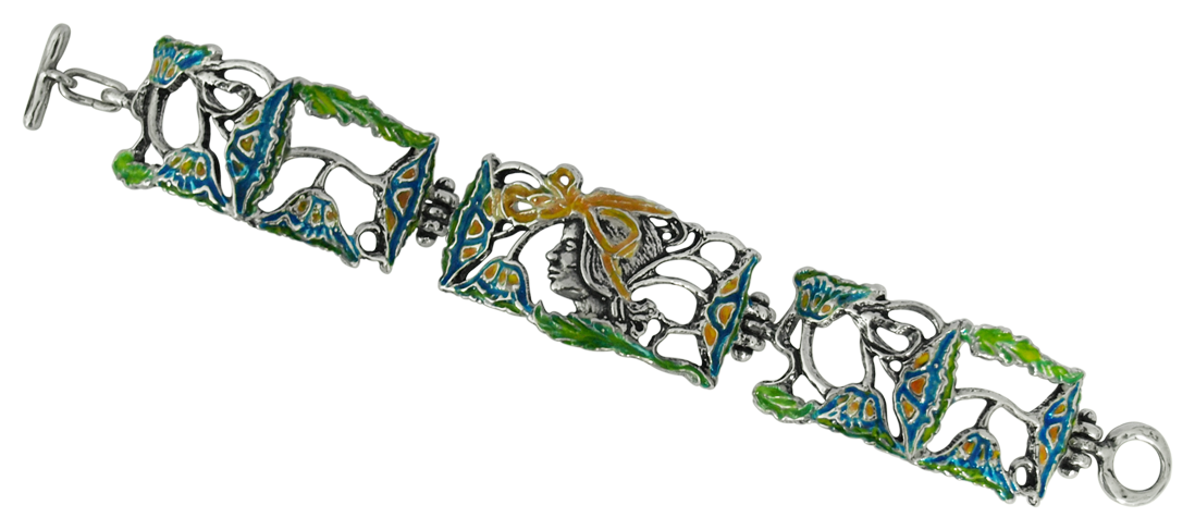 Bracelet Art Nouveau en argent "Femme avec fleurs et nœuds"Referencia: PU0327Bracelet Art nouveau en argent sterling.Fleurs émaillées bleu, jaune et ambre.Pièces de musée inspirées des œuvres les plus représentatives des mouvements Art nouveau et Art déco, et du modernisme de la fin du XIXe siècle et du début du XXe siècle.Medida: 176x26mm.