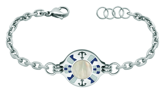 Pulsera náutica de plata, nacar y acero personalizada "Banderas náuticas"Referencia: PU2264Pulsera fabricada en plata esterlina y acero con su nombre representado con banderas náuticas esmaltadas, acabado con una pieza de nacar natural en el centro, montado sobre una cadena de acero con cierre de Tiburón.Medida: 18x18mm.