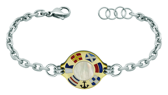 Pulsera de oro, nacar y acero personalizada "Banderas náuticas"Referencia: PU2265Pulsera fabricada en oro de 18 ktes y acero con su nombre representado con banderas náuticas esmaltadas, acabado con una pieza de nacar natural en el centro, montado sobre una cadena de acero con cierre de Tiburón.Medida: 18x18mm.