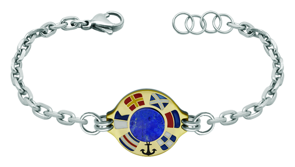 Personalisiertes Armband aus Gold, Lapislazuli und Edelstahl "Nautische Flaggen" (Lapis lazuli)Ref. Code: PU2269Armband aus 18-karätigem Gold und Stahl mit seinem Namen in Form von emaillierten Seeflaggen und einem Lapislazuli-Stück in der Mitte, montiert an einer Stahlkette mit Haifisch-Verschluss.Gr&ouml;&szlig;e: 18x18mm.