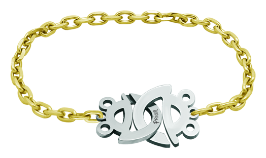 "Frogs" gold, silver and steel braceletRef. code: PU2387Bracelet made of sterling silver and soft stainless steel, with gold plated chain.Size: 16x15mm.