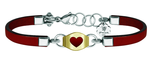 Pulsera de oro, cuero y acero "Corazón"Referencia: PU2587Pulsera fabricada en cuero de 3mm de grosor y acero pulido, con un corazón tallado y esmaltado en oro de 9 ktes, y un exclusivo cierre de clic.Medida: 6x8mm.