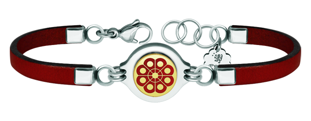 Bracelet en or, acier et cuir "Button Charro de Salamanca" (Rouge)Referencia: PU2615Bracelet en cuir de 3 mm d'épaisseur avec le bouton charro sculpté en relief en or 9 kt et émaillé au four.Medida: 19x16mm.