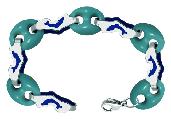 Silber- und Türkisarmband "Delphine und Calabrotes" (Turquoise)Ref. Code: PU2635Gliederarmband aus emailliertem Sterlingsilber und emailliertem Delphin mit türkisfarbenen Calabrots.Gr&ouml;&szlig;e: 21x7mm.