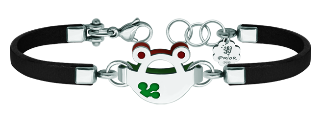 Bracelet en argent, acier et cuir "Frogs" (Noir)Referencia: PU2649Bracelet en cuir de 3 mm d'épaisseur avec silhouette de grenouille en argent sterling émaillé au four.Medida: 23x16mm.