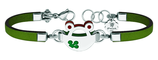 Bracelet en argent, acier et cuir "Frogs" (Vert)Referencia: PU2649Bracelet en cuir de 3 mm d'épaisseur avec silhouette de grenouille en argent sterling émaillé au four.Medida: 23x16mm.