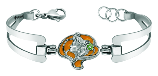 Bracelet Art nouveau en argent et acier inoxydable "Femme à la fleur" (Orange)Referencia: PU2678Bracelet Art nouveau en argent sterling émaillé à la main et bracelet en acier.Pièces de musée inspirées des œuvres les plus représentatives des mouvements Art nouveau et Art déco, et du modernisme de la fin du XIXe siècle et du début du XXe siècle.Medida: 19x17mm.