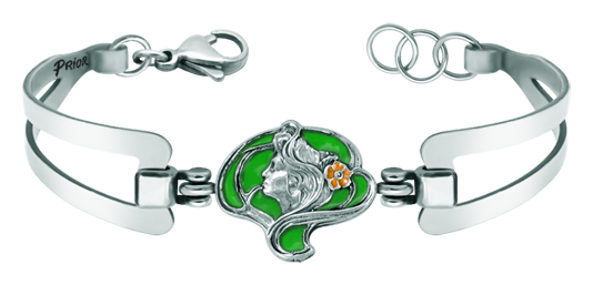 Art Nouveau "Woman with flower" silver and steel bracelet (Green)Ref. code: PU2678Art Nouveau bracelet made of hand enameled sterling silver and stainless steel.Museum pieces inspired by the most representative works of the Art Nouveau and Art Déco movement, and modernism from the late 19th and early 20th centuries.Size: 19x17mm.