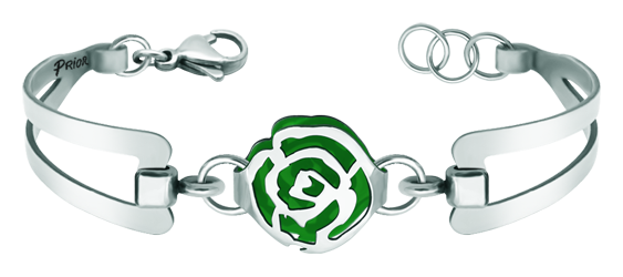 "Rose" silver and steel Art Nouveau bracelet (Green)Ref. code: PU2679Bracelet made of steel, with an Art Nouveau style rose in sterling silver and enameled.Size: 19x16mm.