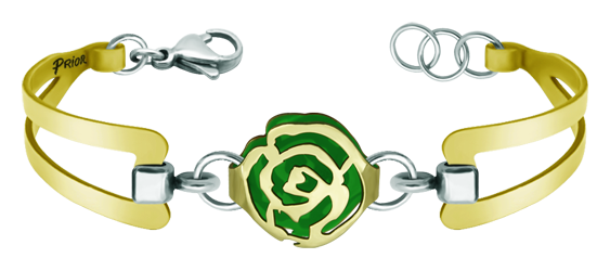 "Art Nouveau Rose" gold and steel bracelet (Green)Ref. code: PU2680Bracelet gold plated, with an Art Nouveau style rose gold plated and enameled.Size: 19x16mm.