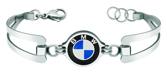 Silbernes und rostfreies Stahlarmband "BMW-Logo"Ref. Code: PU2700Edelstahlarmband mit tiefgezogenem BMW Logo aus Sterlingsilber und Einbrennlackierung.Gr&ouml;&szlig;e: 19x16mm.