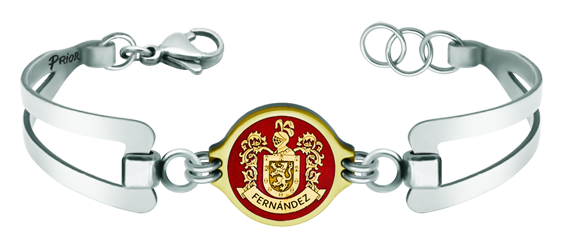 "Heraldic shield" customized gold and steel bracelet (Red)Ref. code: PU2712Personalized stainless steel bracelet with the coat of arms of the Fernández surname carved in low relief in 18kt gold and enameled in the oven.A meticulous craftsmanship with an eternal guarantee.Size: 19x16mm.