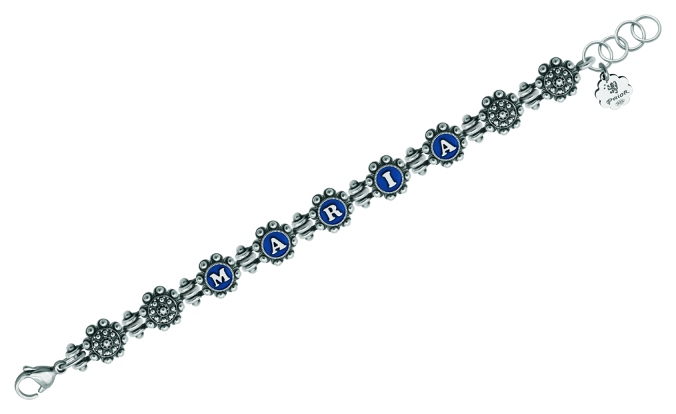 "Botón charro" silver braceletRef. code: PU2721Bracelet of charro buttons made of sterling silver personalized with your name enameled in the oven.Size: 12x12mm.