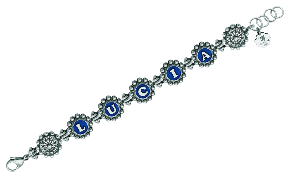 "Botón charro" silver braceletRef. code: PU2723Bracelet of charro buttons made of sterling silver personalized with your name enameled in the oven.Size: 16x16mm.
