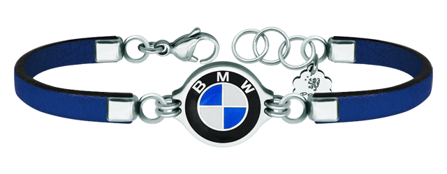 Argent, acier inoxydable et bracelet en cuir "BMW Logo" (Bleu)Referencia: PU2732Bracelet en cuir avec logo BMW sculpté en bas-relief en argent sterling et émaillé au four.Medida: 19x16mm.