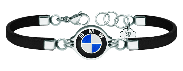 Argent, acier inoxydable et bracelet en cuir "BMW Logo" (Noir)Referencia: PU2732Bracelet en cuir avec logo BMW sculpté en bas-relief en argent sterling et émaillé au four.Medida: 19x16mm.