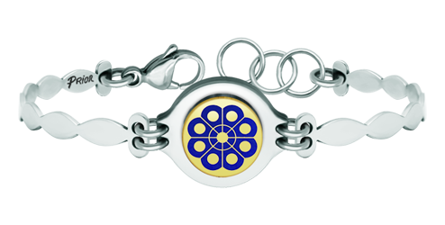 Pulsera de oro y acero "Botón Charro de Salamanca" (Azul)Referencia: PU2734Pulsera de acero con el botón charro tallado bajo relieve en oro de 9 ktes y esmaltado al horno.Medida: 19x16mm.