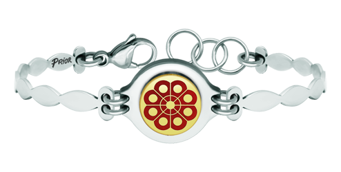 Pulsera de oro y acero "Botón Charro de Salamanca" (Rojo)Referencia: PU2734Pulsera de acero con el botón charro tallado bajo relieve en oro de 9 ktes y esmaltado al horno.Medida: 19x16mm.