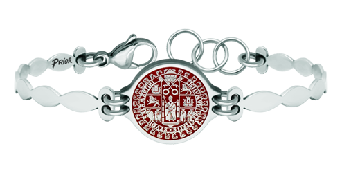 Silver and steel bracelet "Shield of the University of Salamanca" (Red)Ref. code: PU2736Stainless steel bracelet with the coat of arms of the University of Salamanca carved in sterling silver and enameled in the oven.Size: 19x16mm.