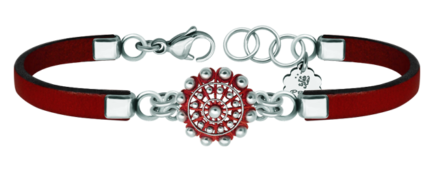 Pulsera Botón Charro de plata esmaltada y cuero (Rojo)Referencia: PU2741Pulsera de cuero con boton charro en plata de ley esmaltada a mano.Medida: 16x16mm.