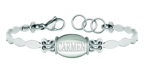 Pulsera de plata y acero personalizada con nombre grabado en cristal de rocaReferencia: PU2777Pulsera fabricada en plata de ley, con un cristal talla cabujón de 16x12mm en el centro personalizado con su nombre grabado en la parte posterior y brazalete de acero pulido.Medida: 16x12mm.