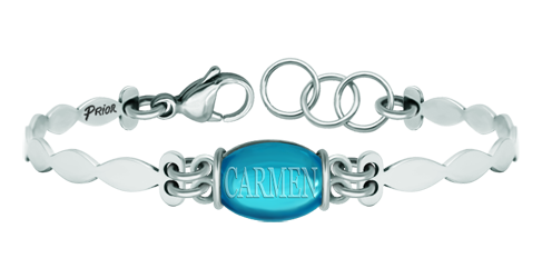 Pulsera personalizada de plata y acero con nombre grabado en cristal (Azul)Referencia: PU2778Pulsera fabricada en plata de ley, con un cristal talla cabujón de 14x10mm en el centro personalizado con su nombre grabado en la parte posterior y brazalete de acero pulido.Medida: 14x10mm.