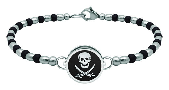 Bracelet en argent et acier "Pirate Flag" (Noir)Referencia: PU2798Bracelet boule en acier rigide avec le drapeau pirate sculpté en bas-relief en argent sterling et émaillé au four.Medida: 16x16mm.