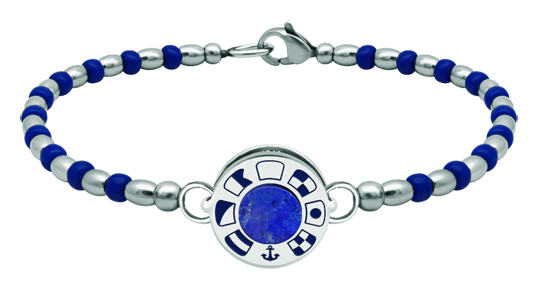 Silver, lapis lazuli and steel bracelet "Nautical flags"Ref. code: PU2802Rigid steel bead bracelet with personalized wheel with the nautical flags of your name carved in low relief in sterling silver and enameled in the oven, with a lapis lazuli in the center.Size: 16x16mm.