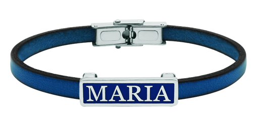 Personalized silver and leather bracelet (Blue)Ref. code: PU28035mm thick flat leather bracelet personalized with your name carved in sterling silver and enameled in the oven.Size: 26x8mm.