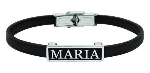 Pulsera de plata y cuero personalizada (Negro)Referencia: PU2803Pulsera de cuero plano de 5mm de grosor personalizada con su nombre tallado bajo relieve en plata de ley y esmaltada al horno.Medida: 26x8mm.