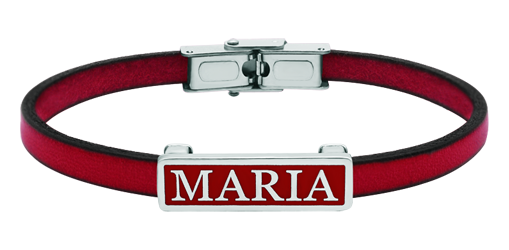 Pulsera de plata y cuero personalizada (Rojo)Referencia: PU2803Pulsera de cuero plano de 5mm de grosor personalizada con su nombre tallado bajo relieve en plata de ley y esmaltada al horno.Medida: 26x8mm.