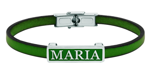 Personalisiertes Silber- und Lederarmband (Grün)Ref. Code: PU28035 mm dickes, flaches Lederarmband, personalisiert mit Ihrem Namen, der in Sterlingsilber eingraviert und im Ofen emailliert wird.Gr&ouml;&szlig;e: 26x8mm.