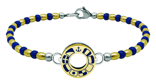 Gold and stainless steel bracelet "Nautical flags"Ref. code: PU2809Rigid bracelet made of gold plated beads and crystals with personalized wheel with the nautical flags of your name carved in low relief in 18 kt gold and enameled in the oven.Size: 16x16mm.