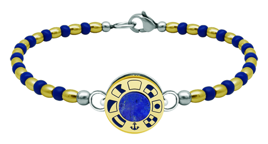 Armband aus Gold, Lapislazuli und Edelstahl "Nautische Flaggen"Ref. Code: PU2810Starres Armband aus vergoldeten Perlen und Kristallen mit personalisiertem Rädchen mit den nautischen Flaggen Ihres Namens, die im Flachrelief in 18 kt Gold geschnitzt und im Ofen emailliert sind, mit einem Lapislazuli in der Mitte.Gr&ouml;&szlig;e: 16x16mm.
