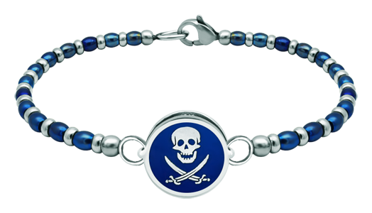 Silver and steel bracelet "Pirate Flag" (Blue)Ref. code: PU2812Rigid steel ball bracelet with the pirate flag carved in sterling silver and enameled in the oven.Size: 16x16mm.